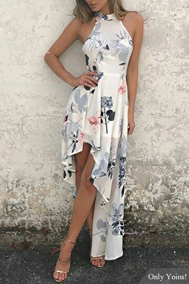 Moda White Sexy Random Floral Print Irregular Hem Dress