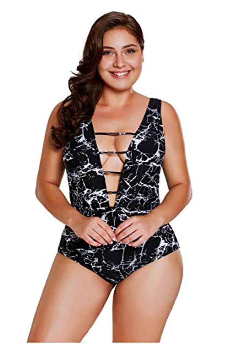 Moda Traje de baño de las mujeres Trajes de baño de talla grande para mujeres Hollows de corte bajo con cuerdas y patrones impresos Decoraciones Cintura alta Sin respaldo Una pieza Sexy Bikini Holiday Traj