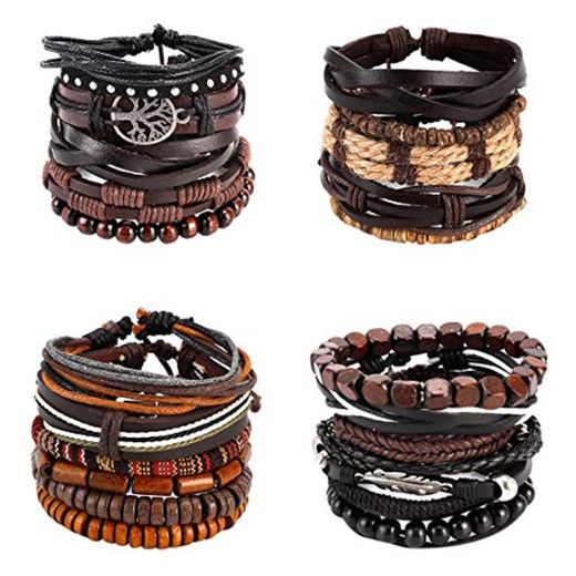 OMONT 21PCS Mixed Wrap Braided Leather Wristbands Bracelets and Wood Beads Bracelet