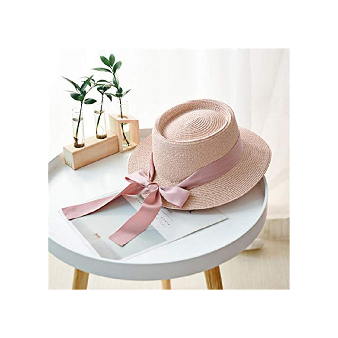 Fashion AIMICONG Sombrero Mujeres Summer Beach Sun Hat Flat Top Sombrero De Paja Fashion Girl Ribbon Bow Beach Hat Boater Sombreros Bone Feminino Pink