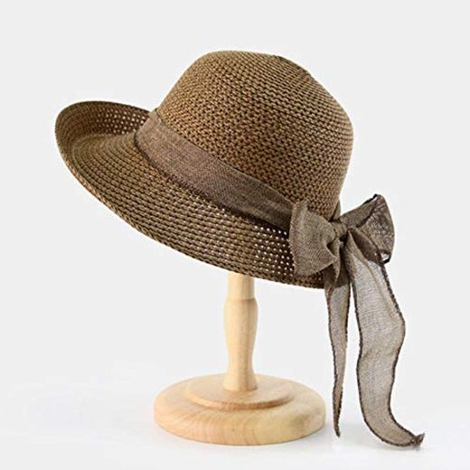 AIMICONG Sombrero Summer Sun Hats Mujeres Chica Sombrero De Paja Ribbon Bow Beach Hat Casual Straw Flat Top Panama Hat Bone Feminino F