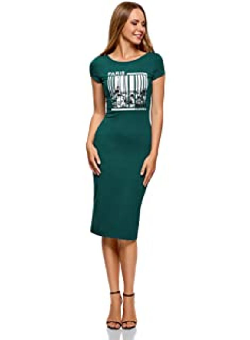 Social oodji Collection Mujer Vestido Midi con Escote en la Espalda, Verde, ES