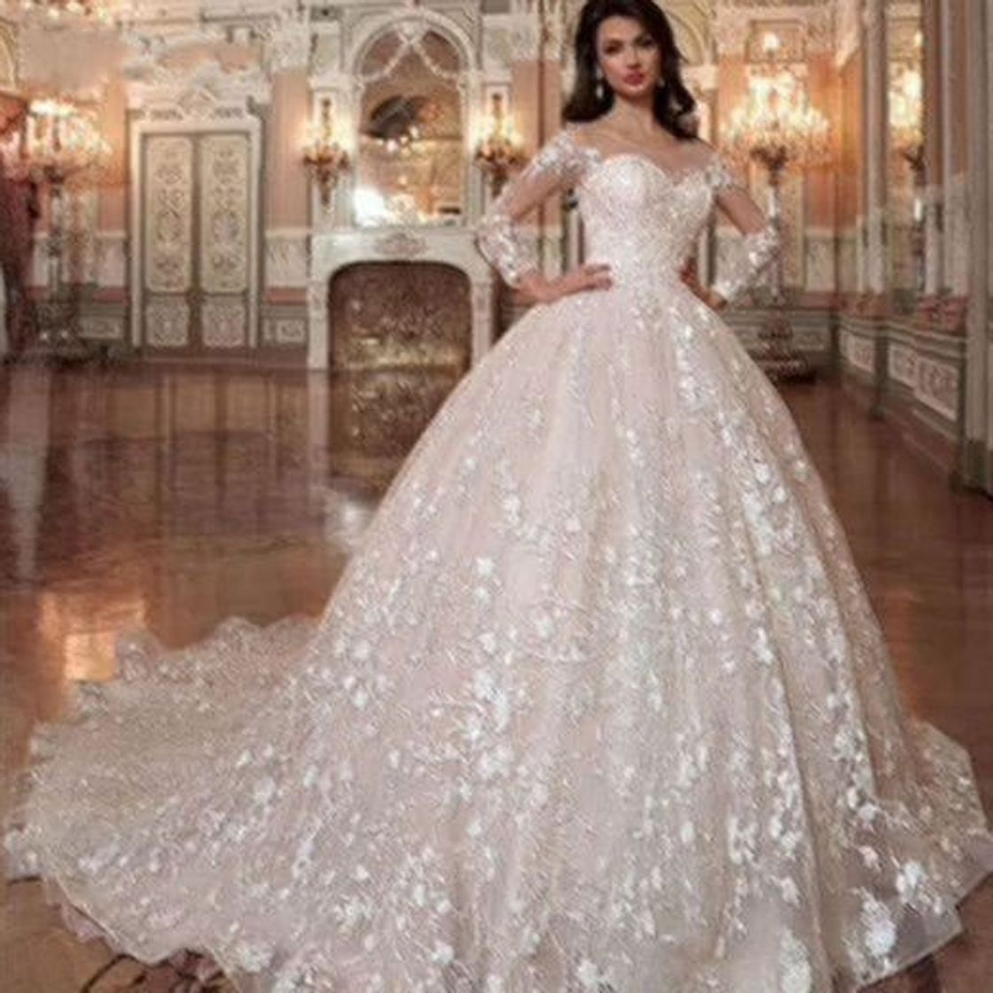 Moda Vestido de novia de gasa de encaje de tul de novia vestido de la llegada de cuello alto de bola del vestido de boda de los vestidos de la princesa de la borla de las mangas del traje brillante Mariee