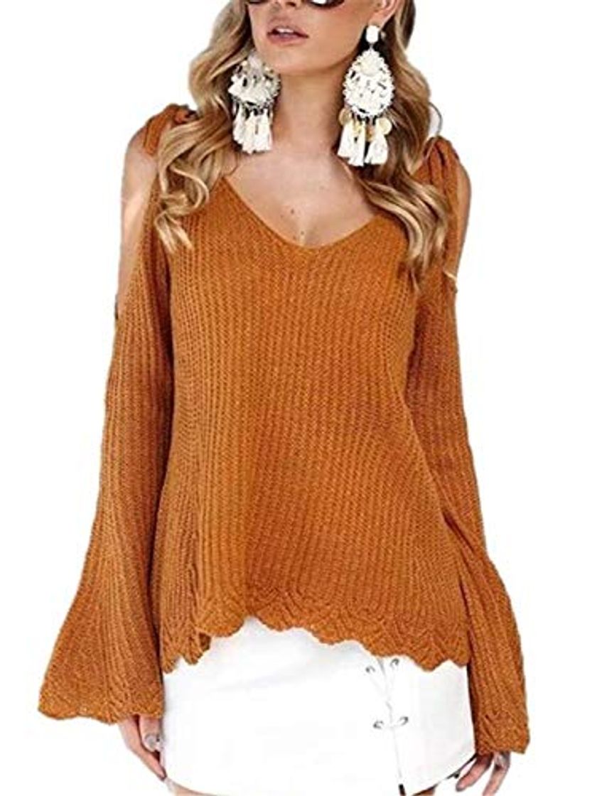 Fashion Pullover Punto Mujer Manga Larga V Cuello Sin Tirantes Suéter De Punto Elegantes Anchos Mode De Marca Casuales Unicolor Ondas Fashion Hem Pullover Sweater Jerseys Otoño Invierno