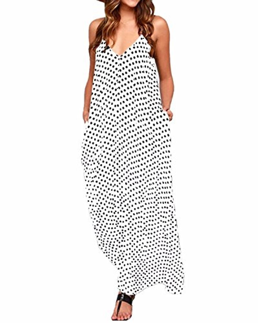 Product ZANZEA Mujeres Elegante Bohemio Algodón Casual Vestido Suelto Largo Playa Lunares Cuello V sin Mangas Blanco EU 42