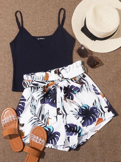 Rib-knit Cami Top & Belted Tropical Shorts Set | SHEIN