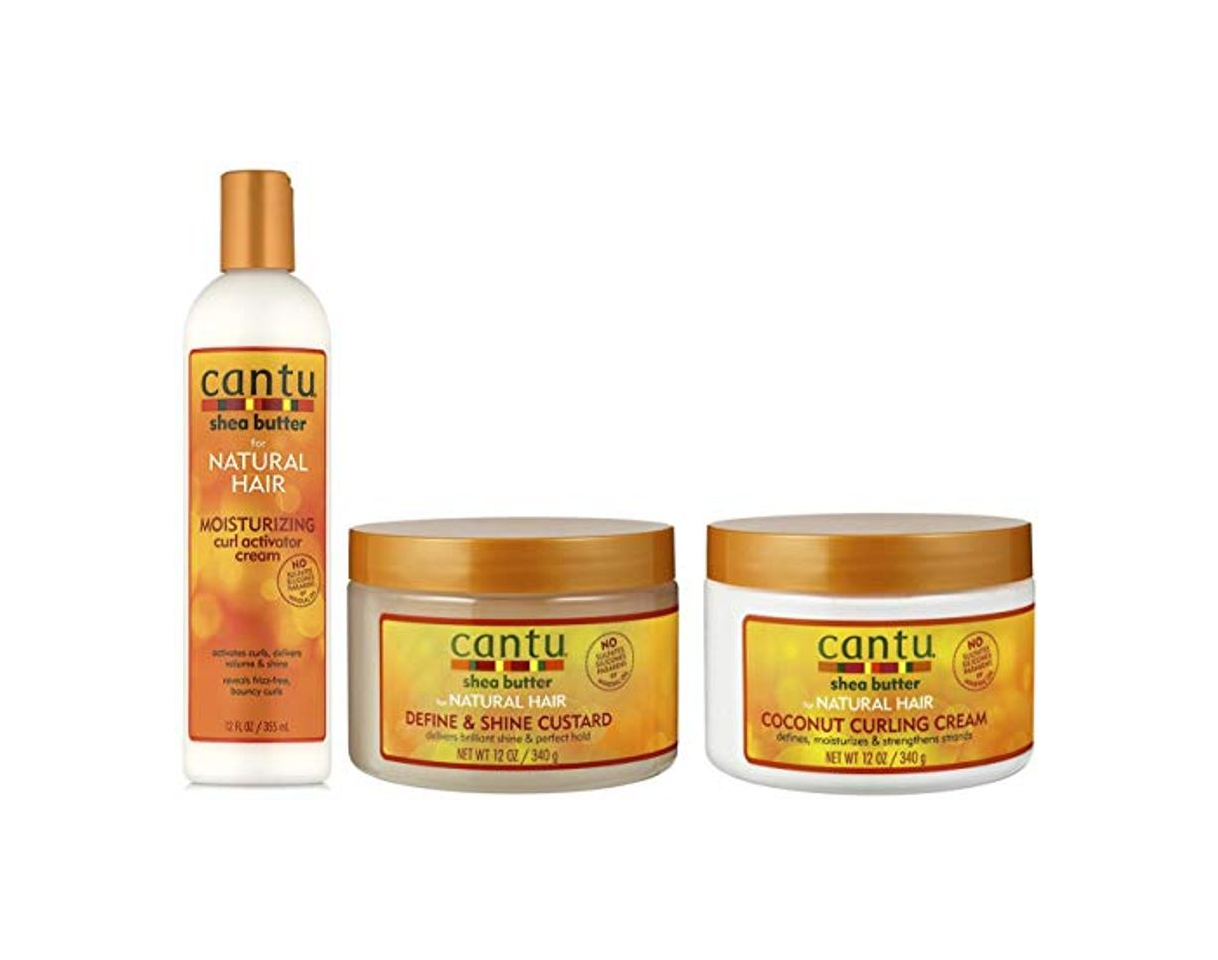 Cantu Shea Butter Crema Hidratante Activadora de Rizos 12oz con Define & Shine Custard12oz & Coco Curling Cream 12oz