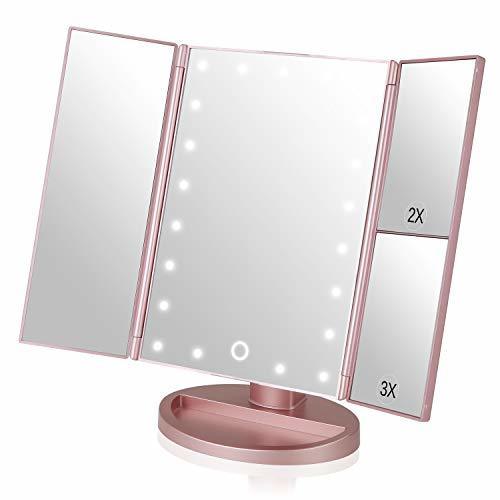 Social Easehold Espejo con Luz para Maquillaje Triple Plegable 1X/2X/3X Amplificador 21 Lámpara