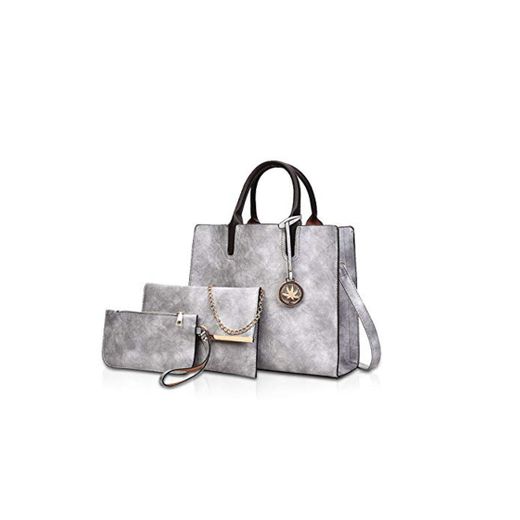 NICOLE&DORIS Bolsos Mujer 3 Piezas Bolso de Cuero para Damas Bolsos Totes Bolso de Bandolera Monedero Gris