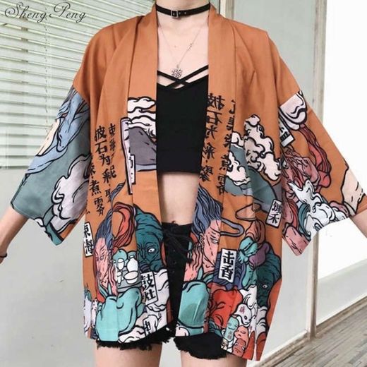 Dragón Modelo japonés Onda impresión Digital Kimono de Perder la Camisa de