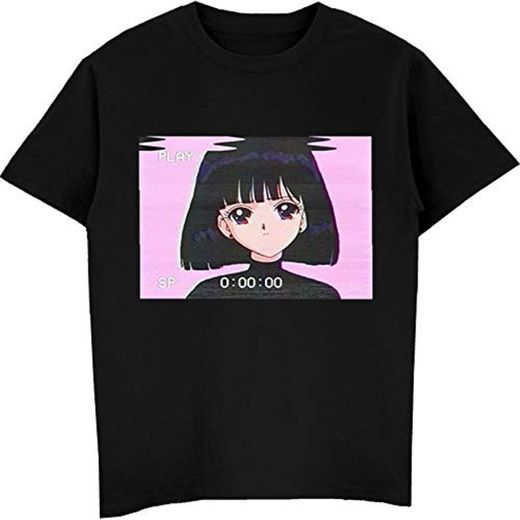 Moda Triste Chica Retro Japonés Anime Vaporwave Camiseta de los Hombres Divertida