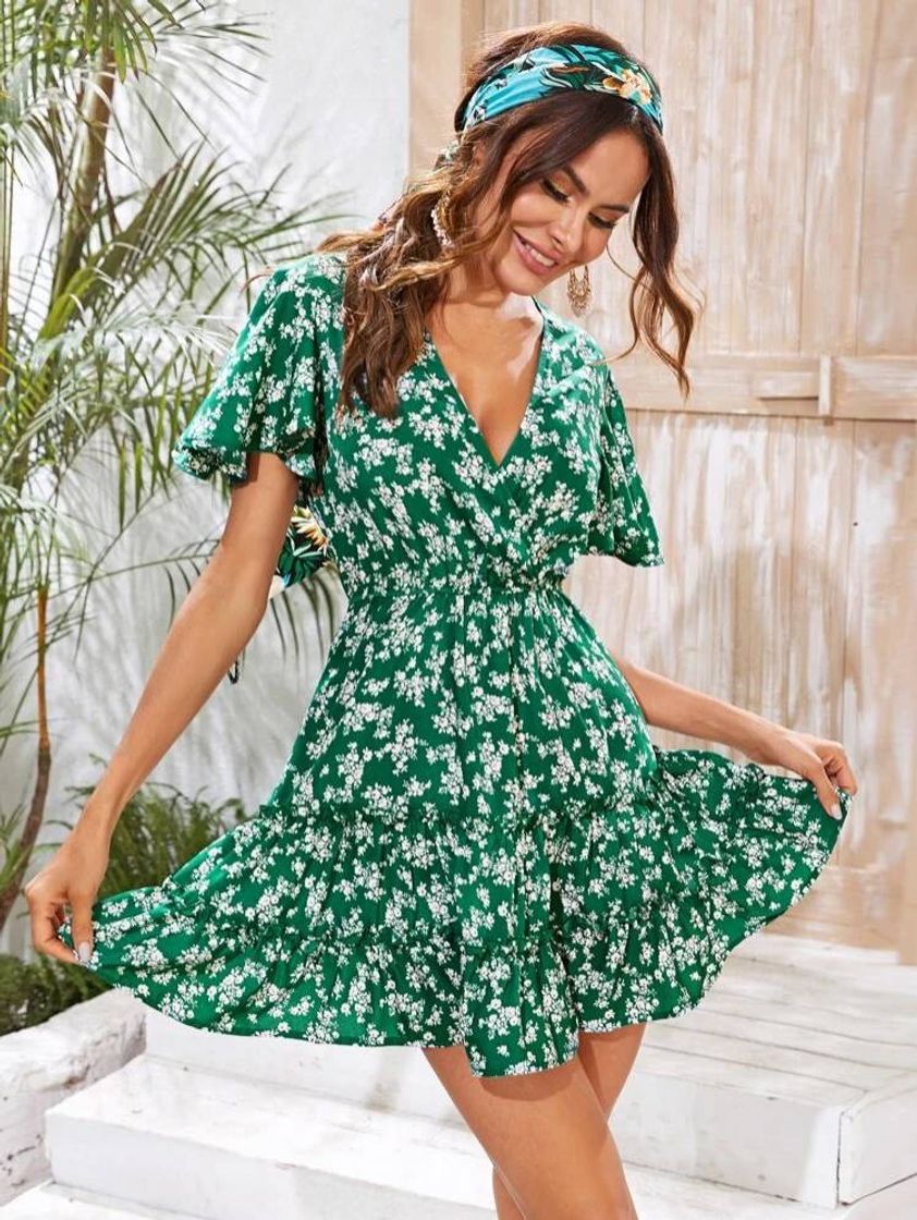 Moda Verde Plissado Florzinhas Boho Vestido

