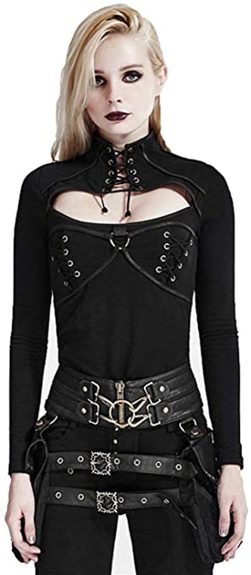 Fashion Tops Mujeres Punk Straps Stretch Slim Fit Camiseta Manga Larga Blusa Retro Góti