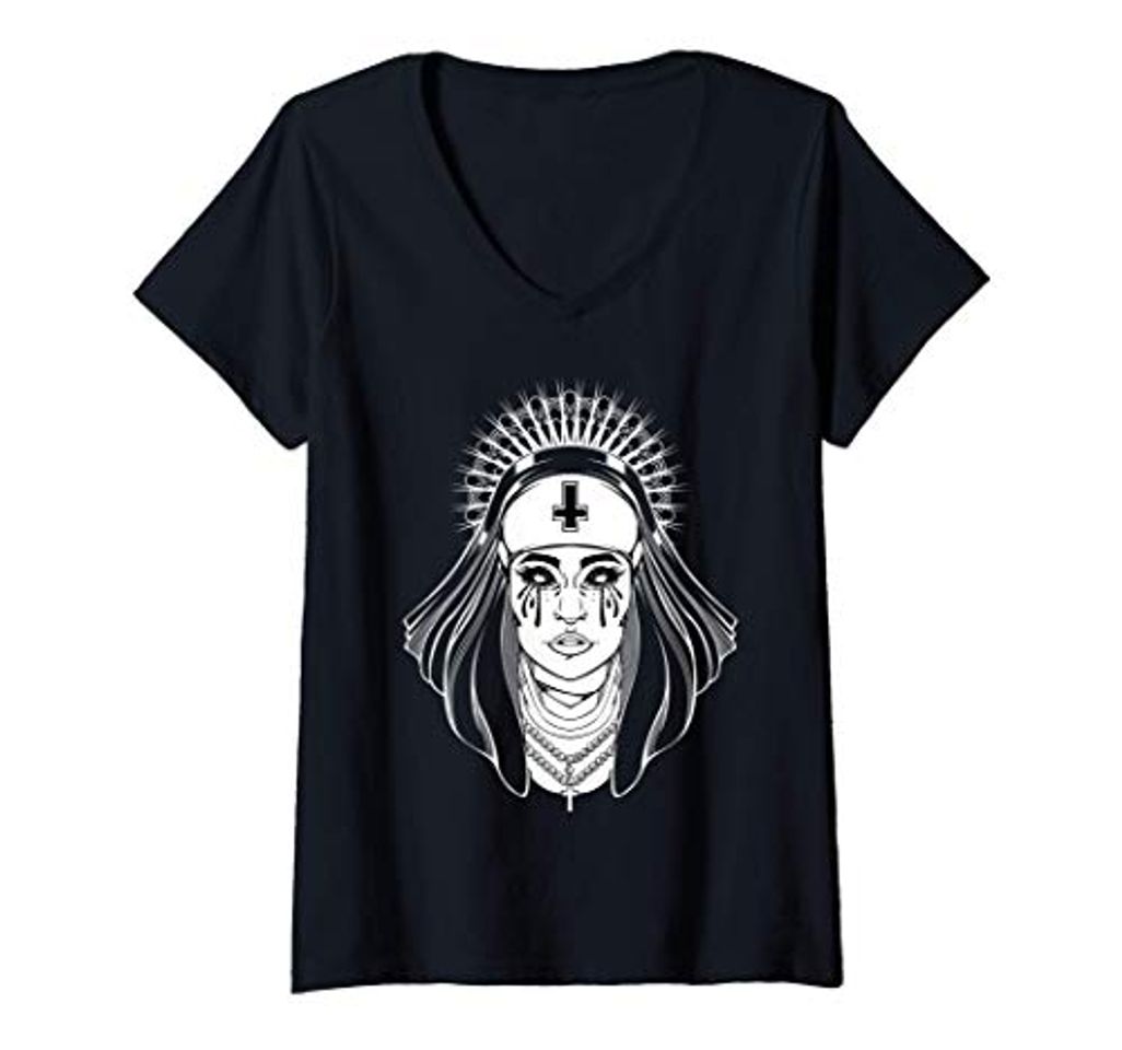 Moda Mujer Religión Negra Religión Gótica Hermana Malvada Cruz Tatuaje Camiseta Cuello V