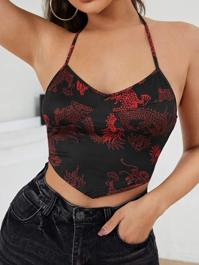 Fashion Chinese Dragon Print Asymmetrical Hem Crop Halter Top | SHEIN ...