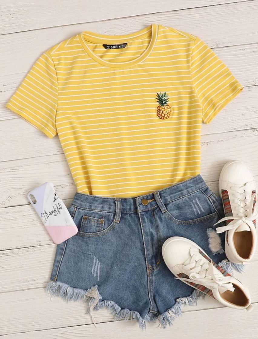 Fashion Shein Amarelo listrado Ocasional camiseta