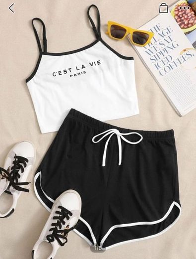 Conjunto Top de tirantes con estampado de letra con shorts 