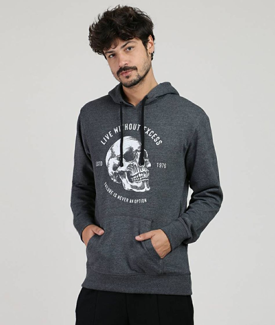 Moda Blusão Masculino Caveira em Moletom com Capuz e Bolso Cinza