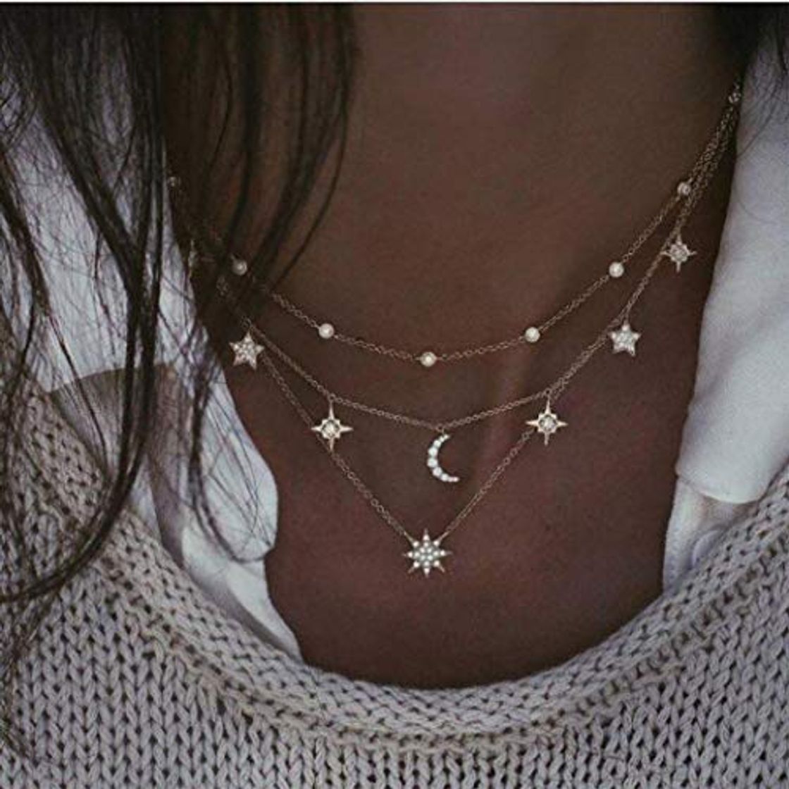 Fashion Collar de múltiples capas para mujer con colgante de luna para mujeres