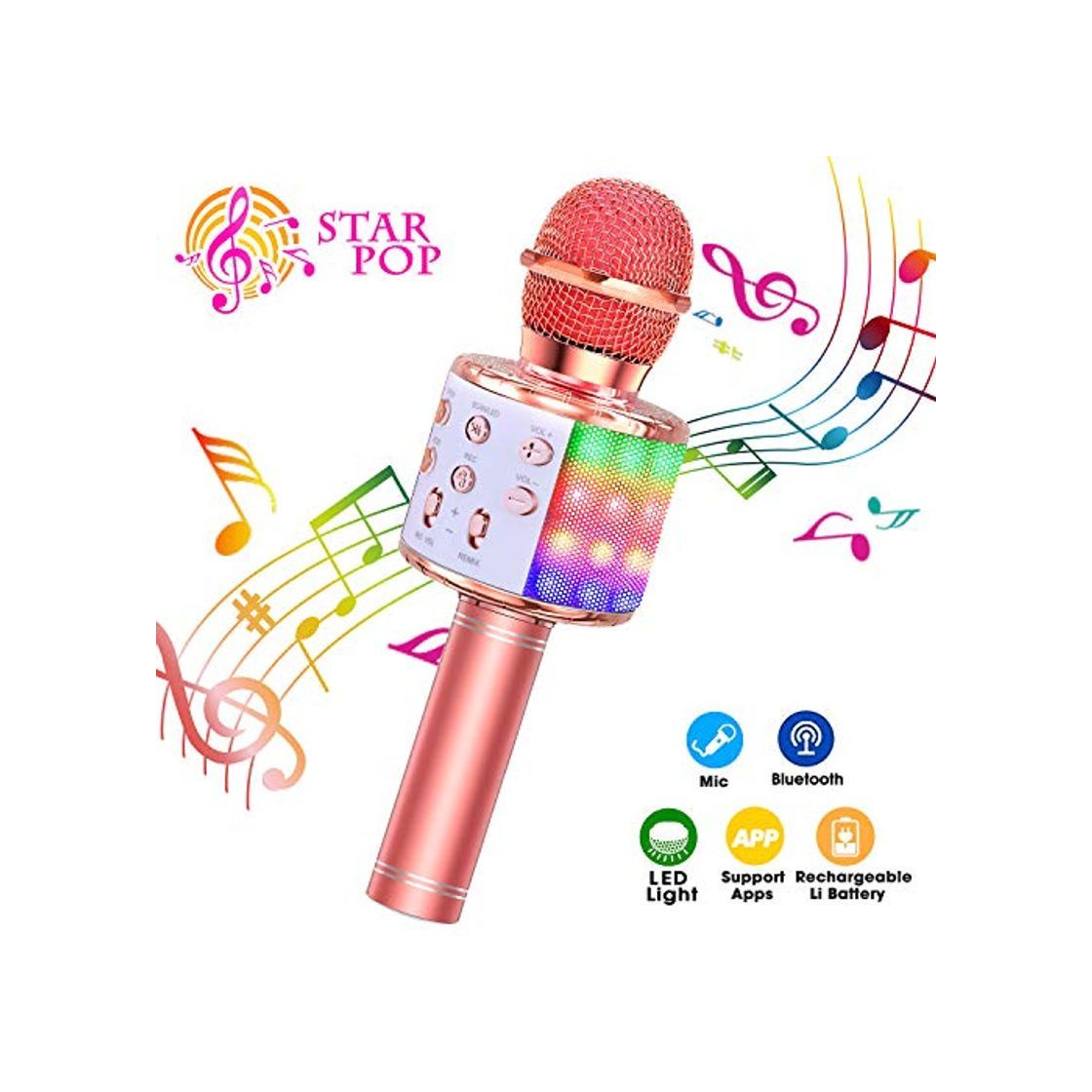 Social ShinePick Micrófono Karaoke Bluetooth, 4 en1 Microfono Inalámbrico Karaoke Portátil con Luces