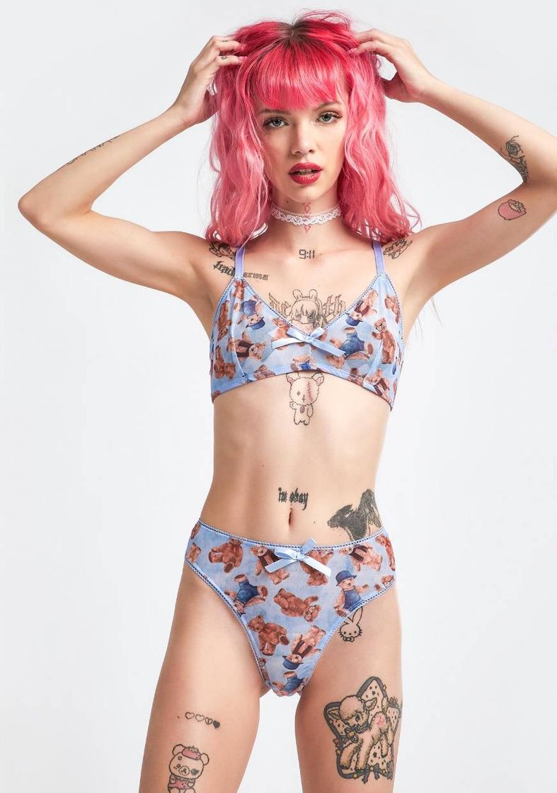 Moda Delia's Grunge Teddy Bear Print Lingerie Two Piece Set - Blue