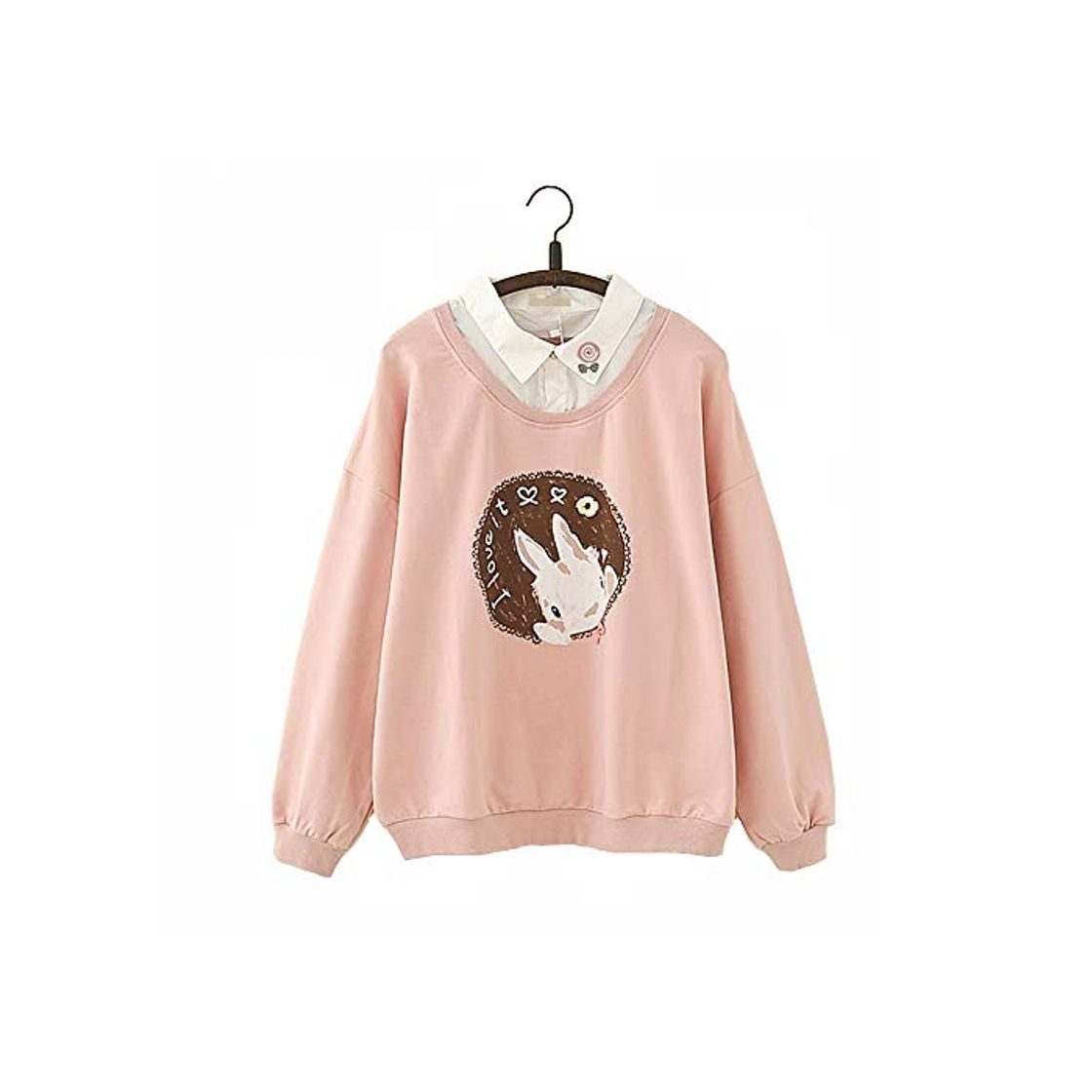 Moda Ulzzang Niña Adolescente Sencillo Todo Blanco Linda Conejito Conejo Impresión Diseño Kawaii Pequeña Collar Detalle Cálido Cómodo Mangas largas Capucha