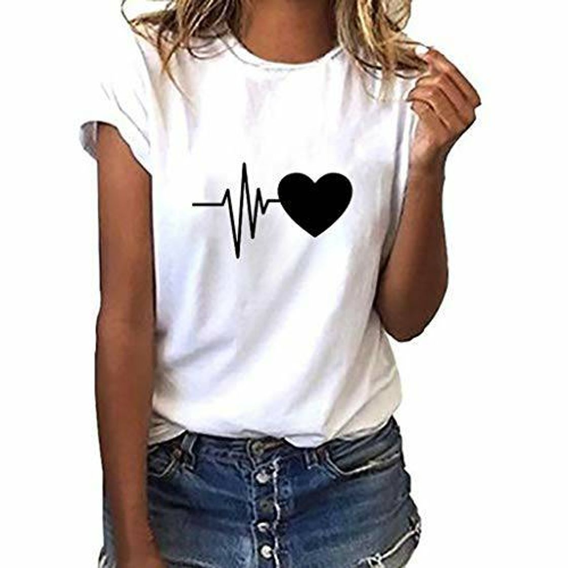 Fashion Camiseta de Mujer Manga Corta Corazón Impresión Blusa Camisa