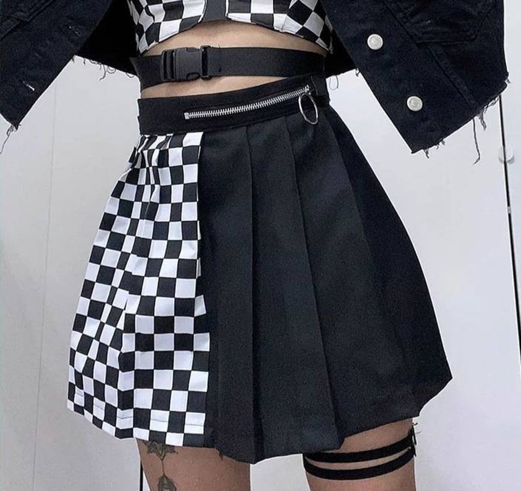 Social Mini falda plisada harajuku negra con cuadros