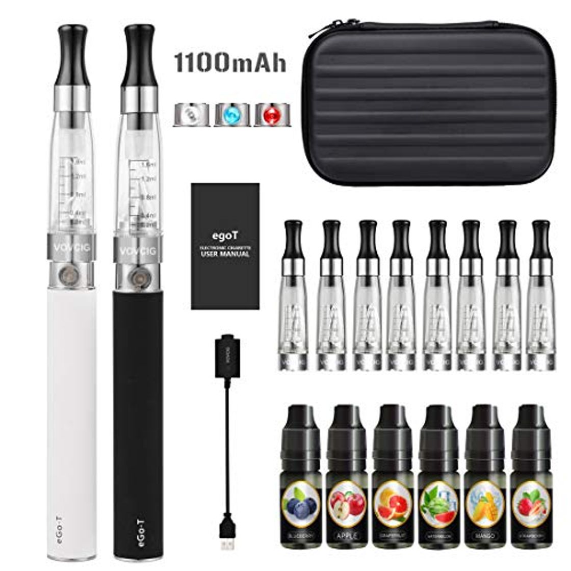 Lugares VOVCIG Cigarrillo Electronico,E-Cigarrillo E-líquido Ego II Kits:2 X 1100mah Batería Recargabla +10