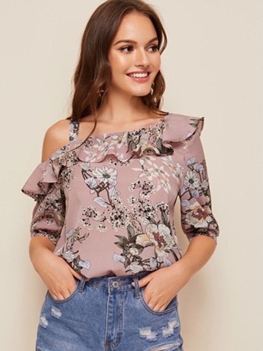 Fashion Floral Print Assymetrical Neck Ruffle Foldover Top