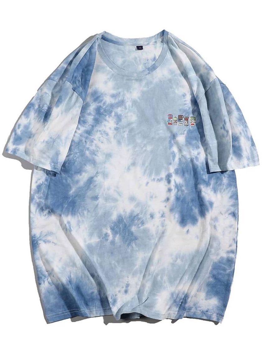 Moda Camiseta Tie Dye azul com desenhos 