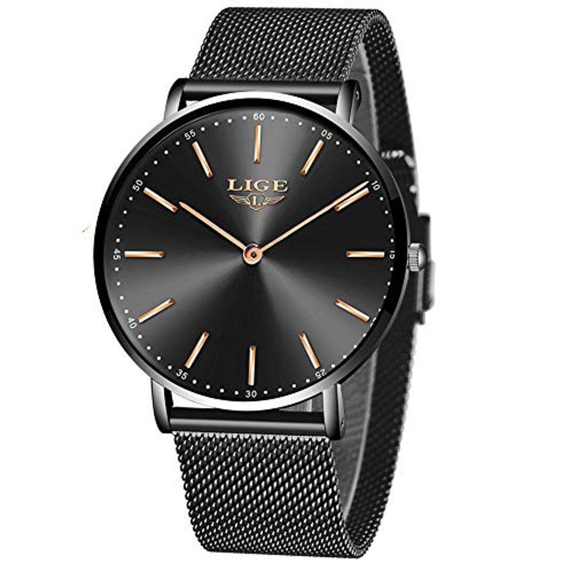 Moda LIGE Hombre Relojes Unisex Mujer Casual Ultra Delgado Reloj Simple Negro Cuarzo Analógico 3ATM Impermeable para Masculino Minimalista Acero Malla Gents Hombre Reloj de Pulsera