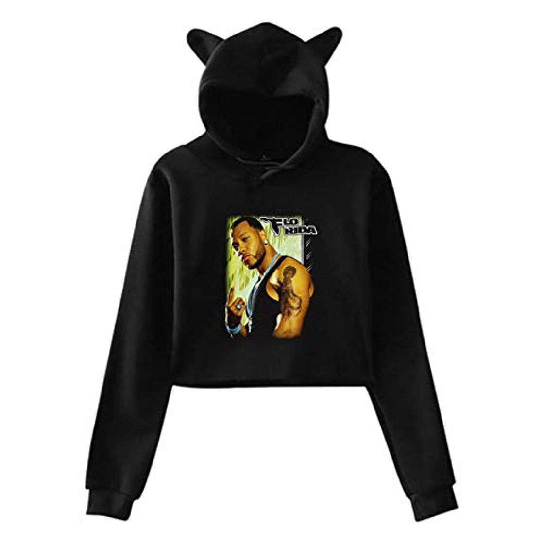 Fashion FLO Rida Rapper Women's Cat Ear Hoodie Sweater Sweatshirt Minimalist Style Black