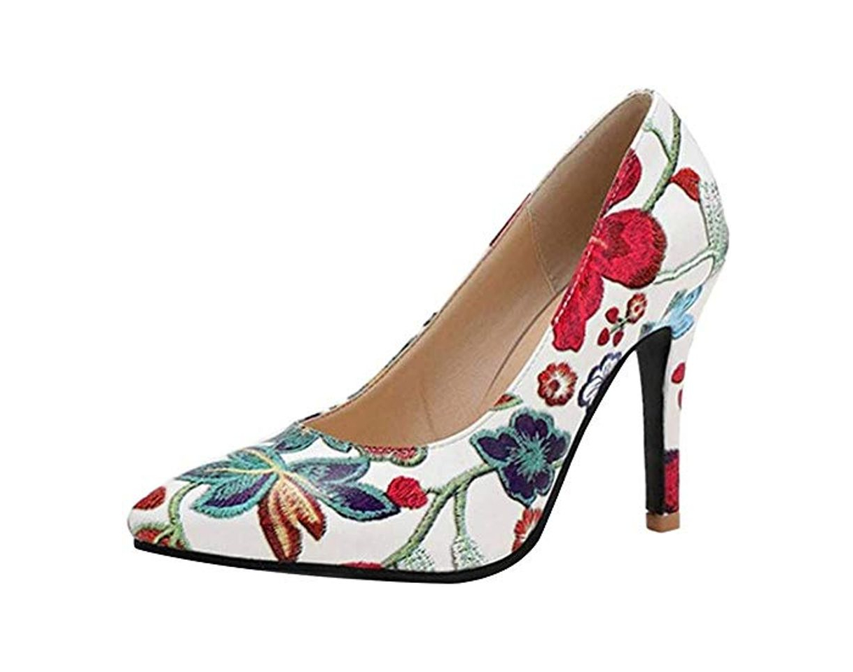 Moda COOLCEPT Mujer Charm Tacón de Aguja Fiesta Vestido Zapatos Tacón Alto Pumps sin Cordones Bombas Zapatos Floral Impresión Black Size 33 Asian