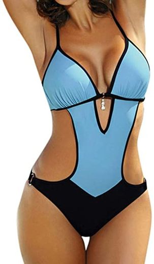 Manooby Bañador Tankini de Una Pieza para Mujer Trajes de Baño Bikini Sexy de Cuello en V y Cintura Alta de Playa