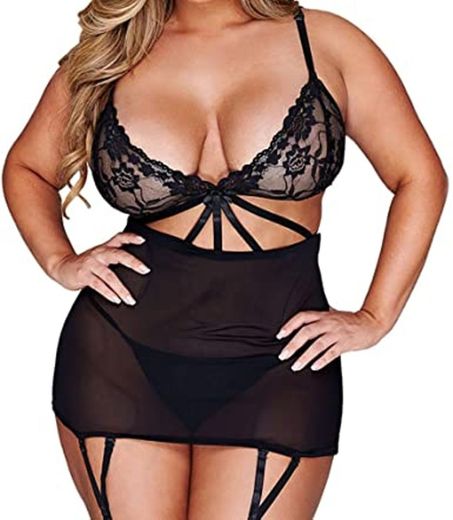 Manooby Lencería Lingerie Sexy para Mujer Ropa Interior Camisón de Dormir de Seda Satén con Cuello en V