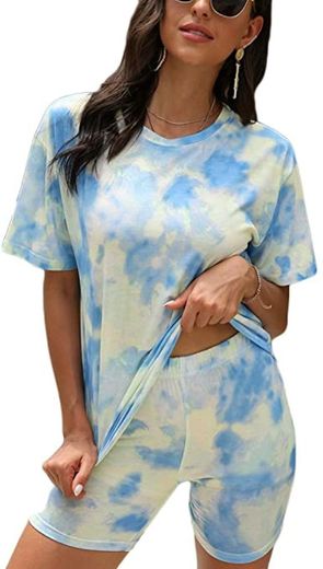 Manooby Conjuntos Pijamas de Estampados Tie Dye para Mujer Set de Camiseta de Manga Corta y Pantalones Cortos Casuales de Verano