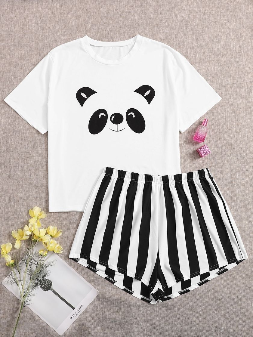 Fashion Conjunto De Pijama Camiseta Con Estampado De Panda De Dibujos Animados Con Shorts De Rayas