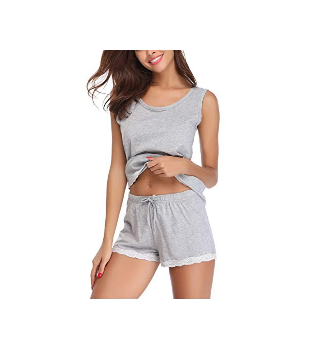 Social Aibrou Pijamas para Mujer Verano Corto Ropa de Domir de Algodon Manga Corta Camisetas sin Mangas y Pantalones Cortos Dos Piezas