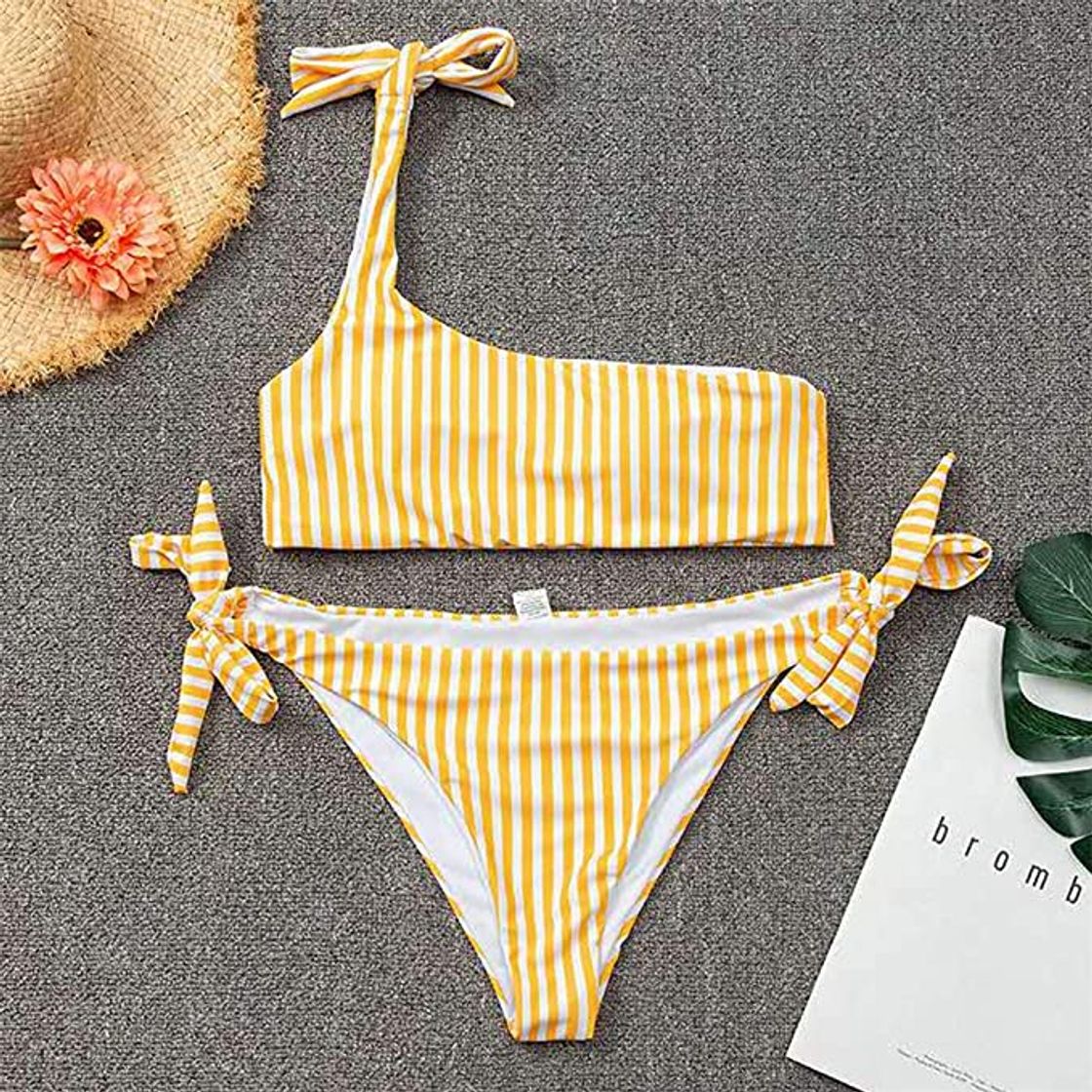 Fashion Yutdeng Conjunto de Bikini Rayas Un Hombro Mujer Traje de Baño Brasileños Trajes de 2 Piezas Halter Push Up Bikini Sexy Bandeau Cover up Ropa de Playa