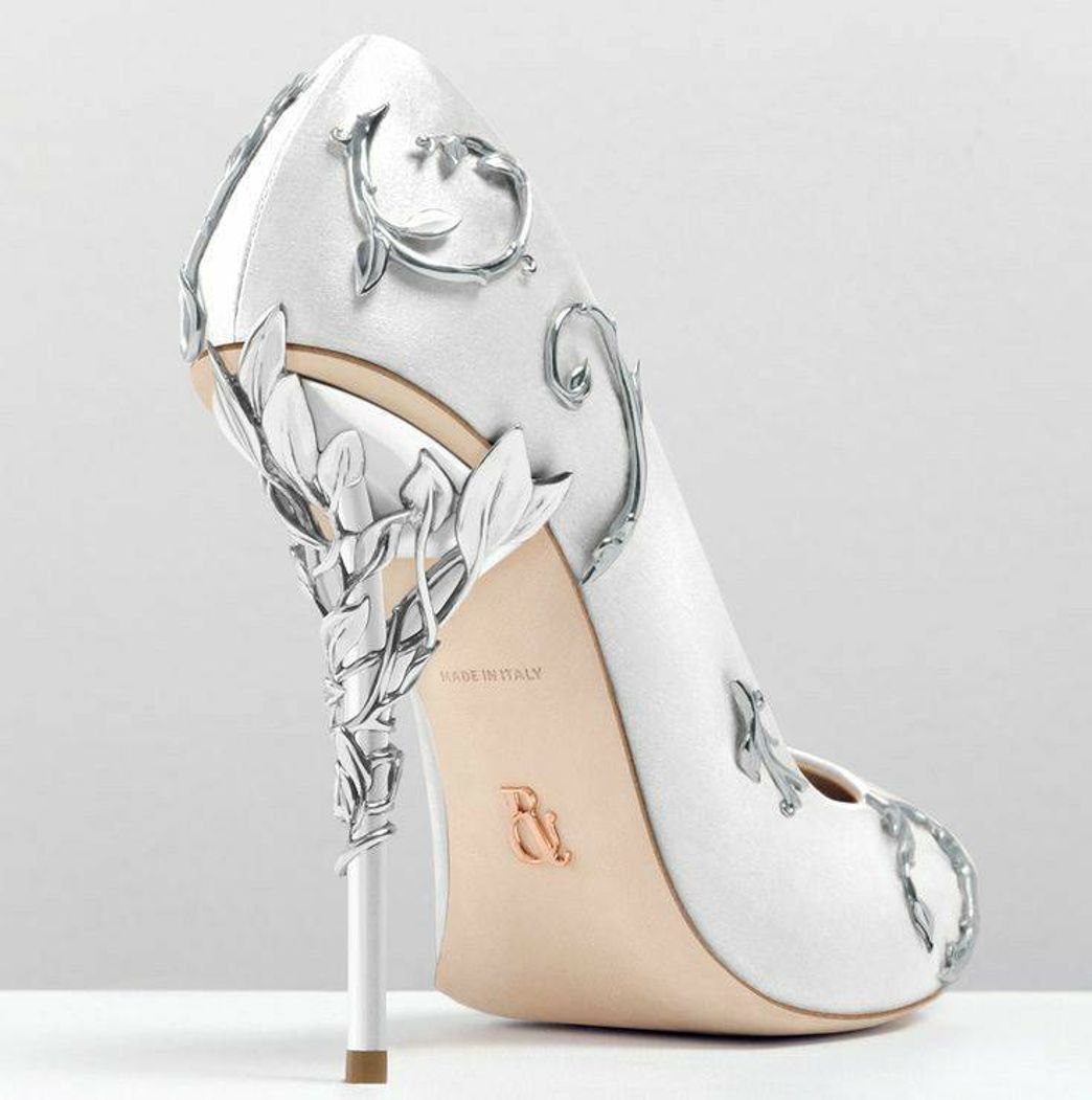 Moda White Satin Eden Pumps With Silver Leaves
