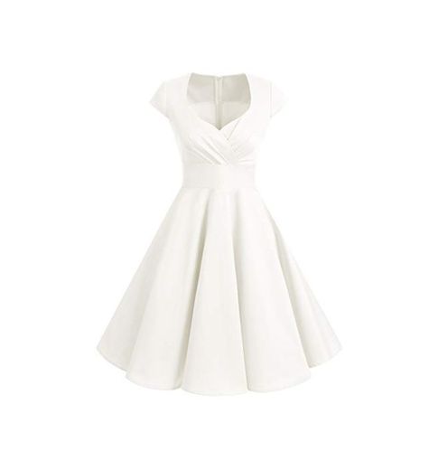 Bbonlinedress Vestido Corto Mujer Retro Años 50 Vintage Escote En Pico Off White S