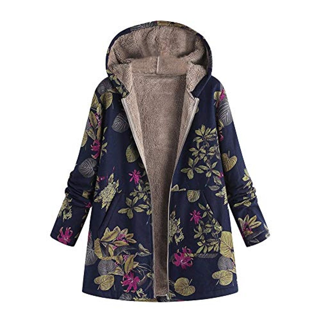 Moda Abrigos para Mujer Invierno Chaqueta Suéter Floral Bolsillos con Capucha Jersey Tallas Grandes Sudadera con Capucha Caliente Y Esponjoso Gruesas Cerrojo De Capa Mantene Lino Ropa riou