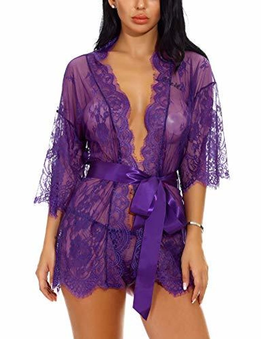 Product Sykooria Conjunto de Lencería Sexy Bata de Encaje Babydoll Kimono Ropa de