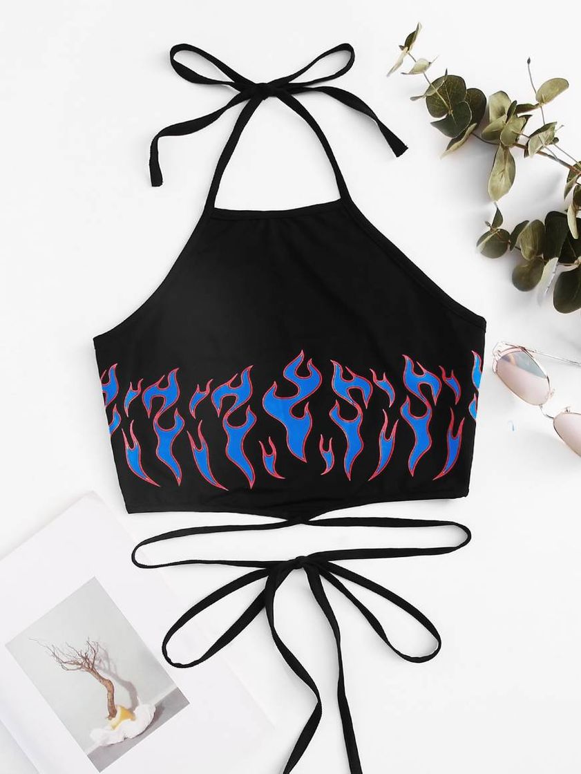 Social Blusa de gola com laços nas costas padrão fogo