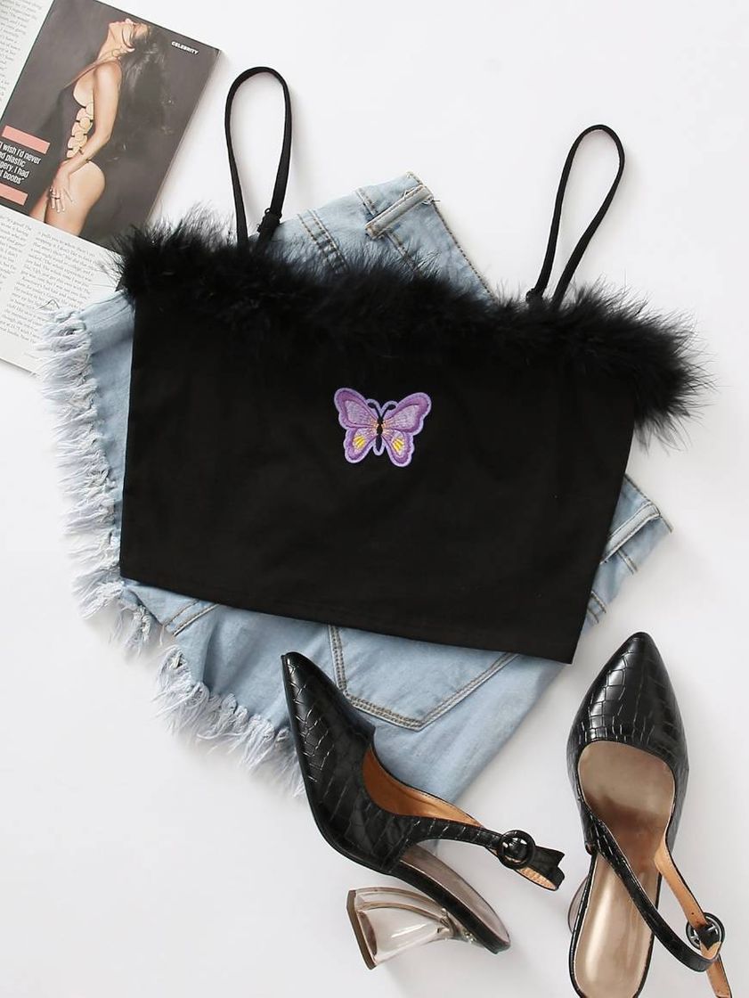 Social Bordado borboleta faux fur detalhe cami top