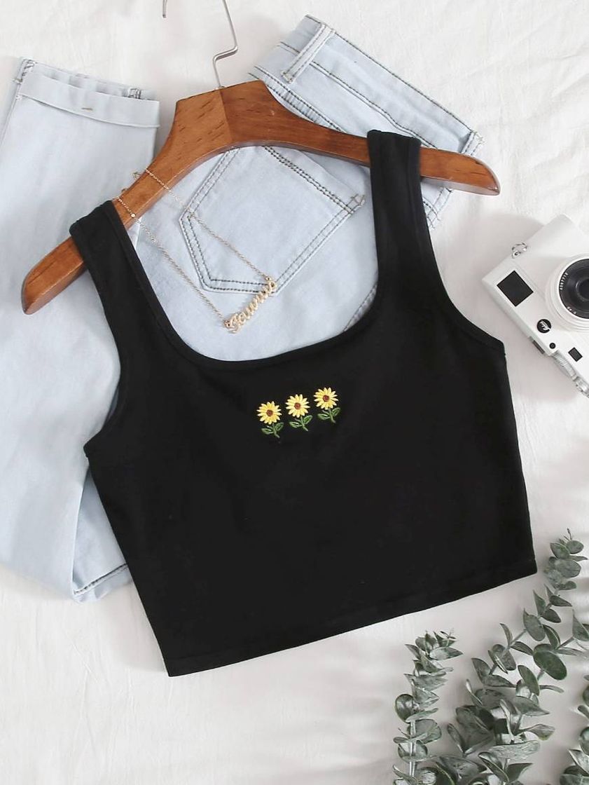 Social Camiseta de alças bordada com girassol 
