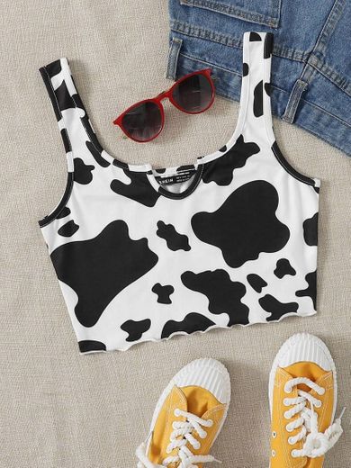 Camiseta de alças com estampa de vaca com corte de alface 