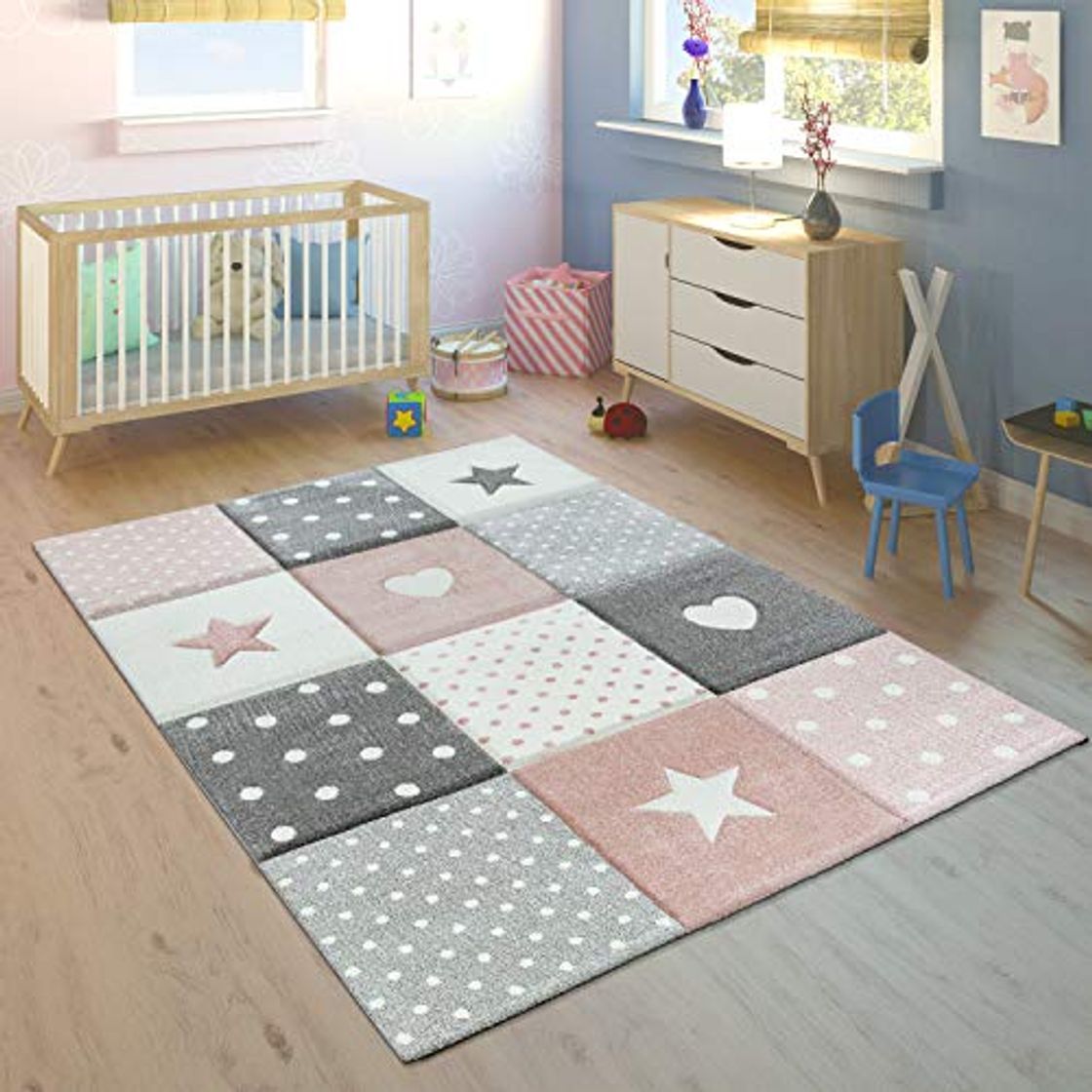 Place Paco Home Alfombra Infantil Pastel Cuadros Puntos Corazones Estrellas Blanco Gris Rosa,