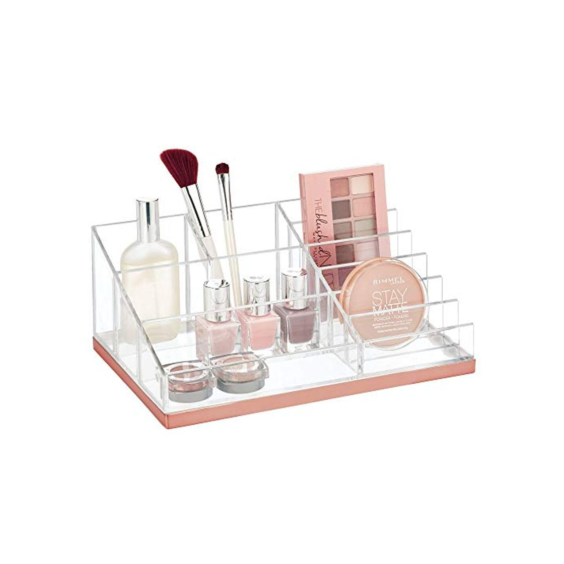 Elemento de la categoría hogar mDesign Práctico organizador de maquillaje – Decorativa caja para guardar cosméticos como esmaltes de uñas o polveras – Expositor de maquillaje con 10 compartimentos – transparente y dorado rosado